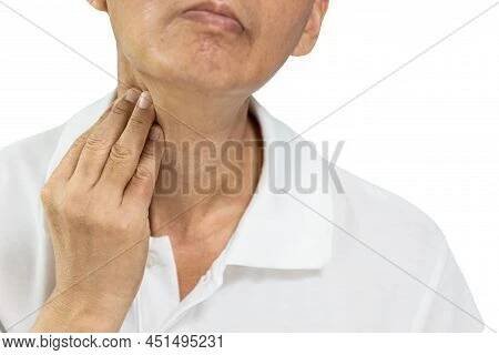 Hand Of Middle Aged Man Was Groping,checking The Pain And Swelling In The Neck,sore Throat And Cough