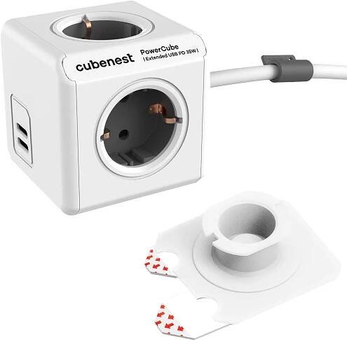 Cubenest Powercube Extended USB PD 35W, 2xUBS-C, 4x zásuvka, 1,5m, bílá/šedá - Schuko