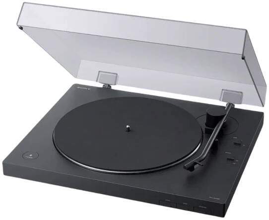 Sony PS-LX310BT turntable with a sleek black finish, featuring a transparent dust cover, Bluetooth connectivity, and user-friendly controls.