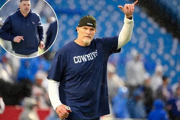Dan Quinn (c) and Mike Vrabel (l).