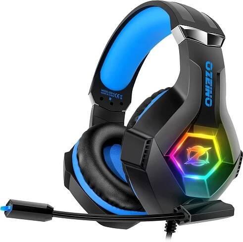 OZEINO Sluchátka PS4 PS5 PC s 3D mikrofonem RGB Redukce šumu