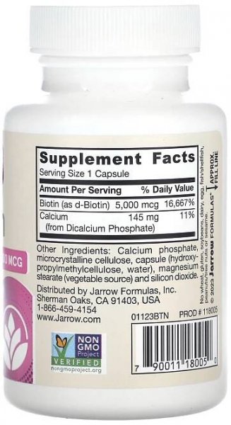 Jarrow Formulas, Biotin, 5 000 mikrogramů, 100 rostlinných kapslí 