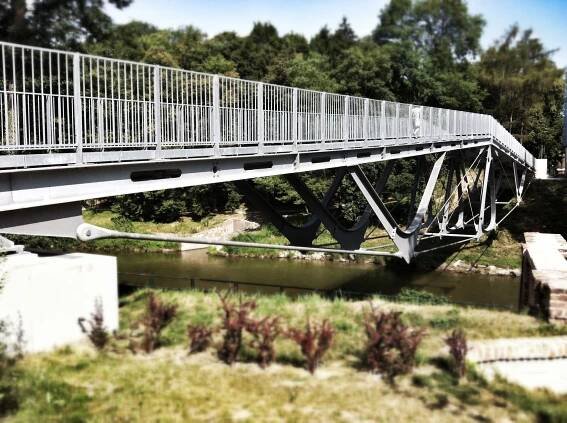 a pedestrian bridge over a river in the middle of a park with grass and trees around it