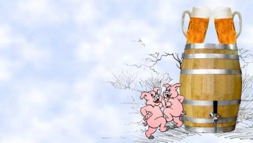 two pigs are standing next to a wooden barrel with beer in it and one pig is running away from the barrel