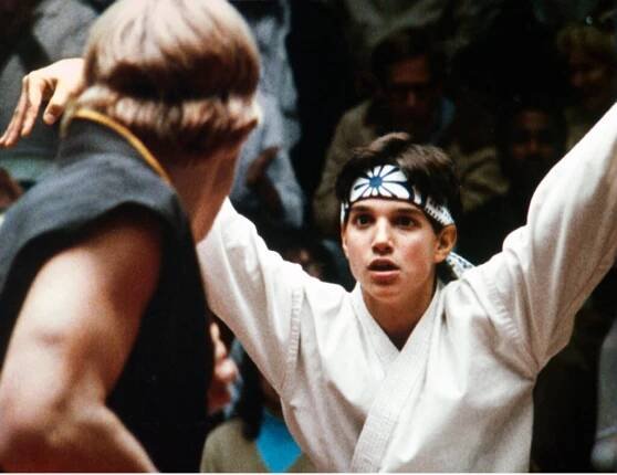 Daniel sets up for the crane kick against Johnny Lawrence (William Zabka) in the climactic fight of "The Karate Kid" (1984).
