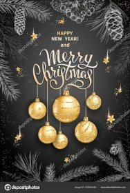 Stáhnout - Veselé Vánoce a šťastný nový rok karta s realistickou zlaté koule, hvězdy, flitry. Náčrt různých odnoží jedle, cedr, borovice, hloh a šišky na černém pozadí. Elegantní nápisy — Ilustrace