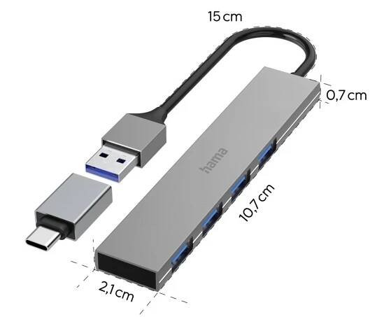 Hama 4 porty Víceportový USB-C® rozbočovač (USB 3.2 Gen 1) s konektorem USB C šedá