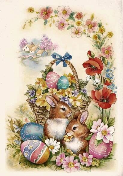 two rabbits sitting next to each other in front of an easter basket with flowers and eggs