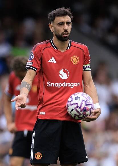 Bruno Fernandes of Manchester United holding a soccer ball.