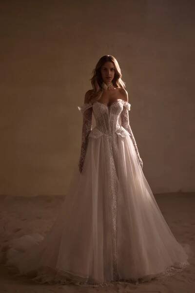 cordelia luce sposa strapless a-line beaded lace wedding dress off the shoulder gloves overskirt bridal ireland