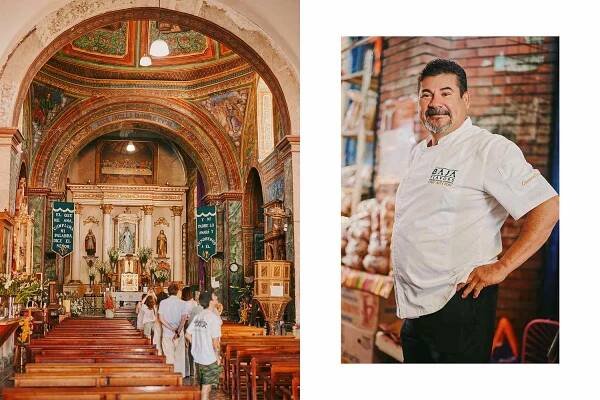 Pair of photos from Mexico, one showing the interior of a church, and one showing a chef at his restaurant