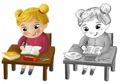 Kreslené dítě dítě dívka žák jít do školy učení čtení u stolu dětství ilustrace pro děti — Stock obrázek