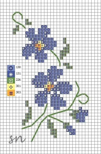 a cross stitch pattern with blue flowers and green stems on the bottom half of it