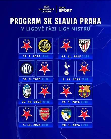 Program LM: Slavia začne doma proti Bodø/Glimt, svátek s Barcelonou v lednu | TN.cz