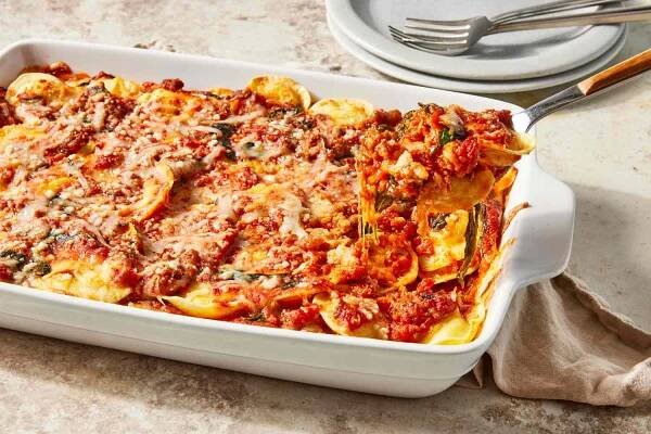 Southern Living Ravioli Casserole baked and ready to serve 