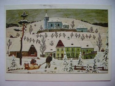 Josef Lada - zima vánoce muž táhne sáně vesnice kostel na vršku