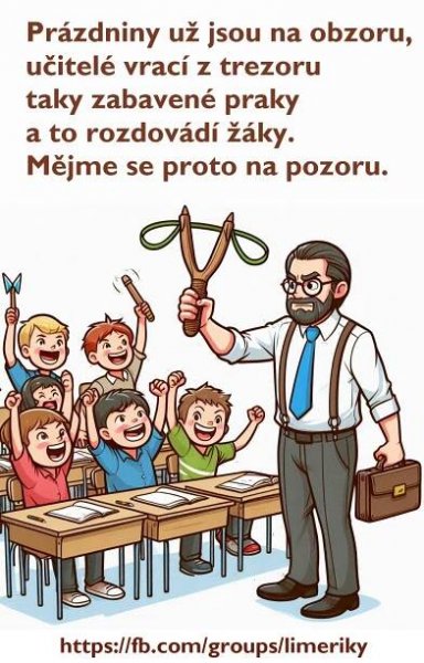 Prázdniny už jsou na obzoru,  
učitelé vrací z trezoru 
taky zabavené praky 
a to rozdovádí žáky.  
Mějme se proto na pozoru.
(Zamračený učitel s prakem stojí před rozjásanou třídou dětí.)
