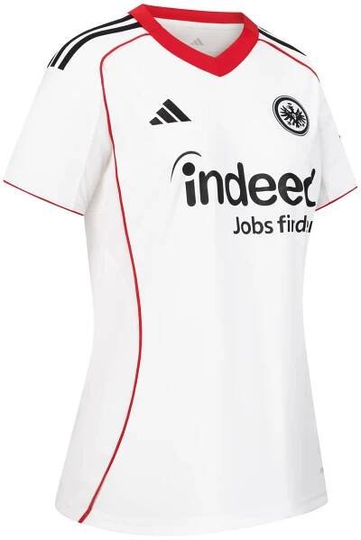 Bild schräg von links: Weißes Eintracht Frankfurt Damen Auswärtstrikot mit schwarzen Adidas-Streifen, Eintracht-Logo, Indeed-Sponsor und roten Akzenten.