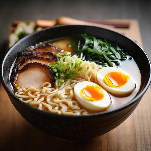 Ramen. Japanese ramen noodle soup in black bowl
