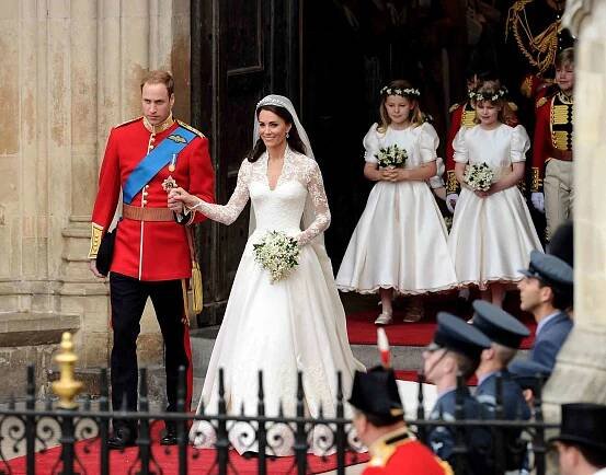 Their Royal Highnesses Prince William Duke of Cambridge (L) and Catherine Duchess of Cambridge (2nd to L) exit Westminster Abbey after their Royal Wedding followed by Maid of Honour Pippa Middleton with pageboys Master William Lowther-Pinkerton, Master Tom Pettifer and bridemaids The Lady Louise Windsor,The Hon. Margarita Armstrong-Jones, Miss Grace van Cutsem and Miss Eliza Lopes on April 29, 2011 in London, England. The marriage of the second in line to the British throne is to be led by the Archbishop of Canterbury and will be attended by 1900 guests, including foreign Royal family members and heads of state. Thousands of well-wishers from around the world have also flocked to London to witness the spectacle and pageantry of the Royal Wedding.