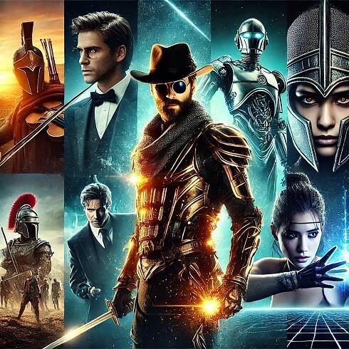 Collage of iconic movie characters including a futuristic superhero, a pirate, a gladiator, an assassin, and a sci-fi heroine, set against cinematic action-packed backgrounds.