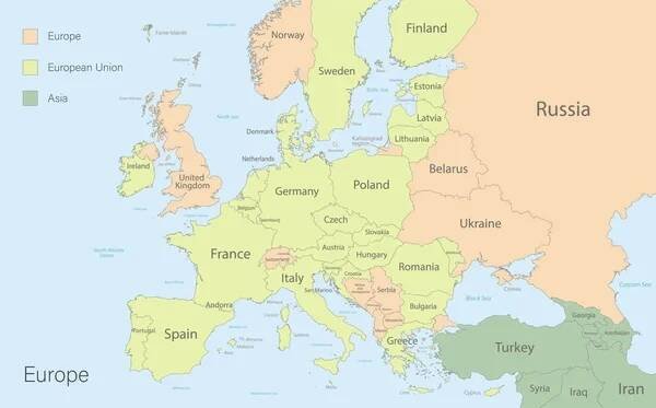 Europe with European Union and parts of Asia, classic color detailed map with states islands and sea with names vector — Ilustrace