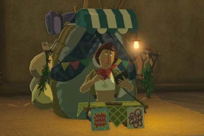 The merchant Beedle looks pensive while taking notes inside a stable in Zelda: Tears of the Kingdom