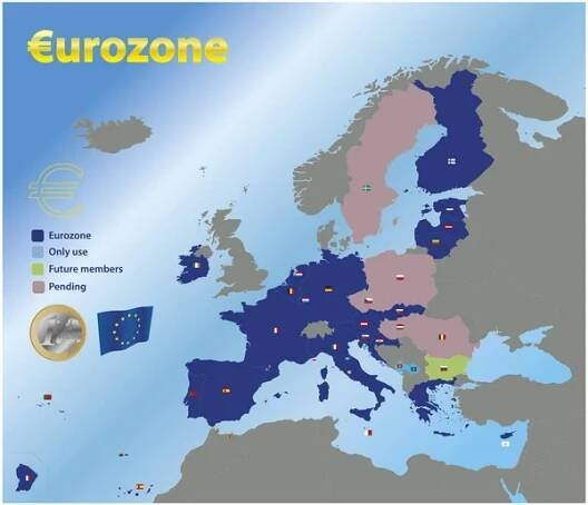 Euro zóna, mapa spojujících se zemí v roce 2023, vektorová ilustrace — Ilustrace