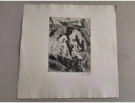 Alex Adolf Jelínek (1890 - 1957) - Setkání se Satyrem - lept, grafika, signováno - Antikvariát Valentinská