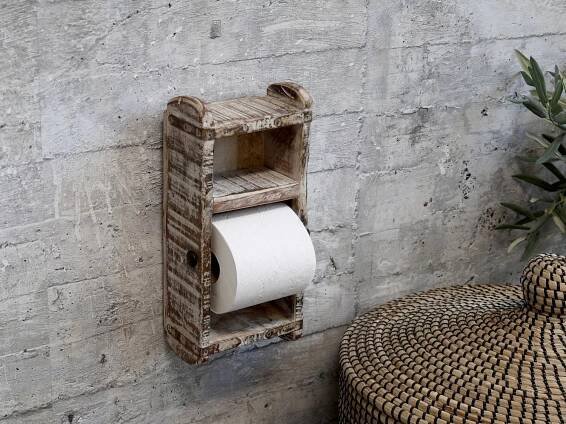Dřevěný bílý antik nástěnný držák na toaletní papír Grimaud Brick - 15*10*30 cm - Chic Antique