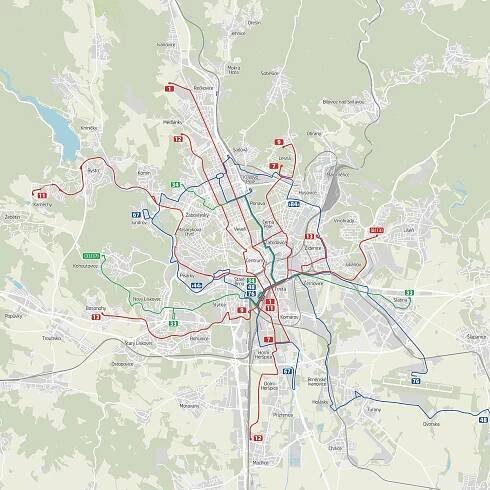Plán, jaké linky městské hromadné dopravy budou zajíždět k novému hlavnímu vlakovému nádraží v Brně. Pro zvětšení mapy klikněte.