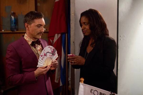 1/16/16 Cops & Bottoms Scenes. L to R: Scott Lowell, Merrin Dungey (“Merrin”/“Capt. Jessups”)