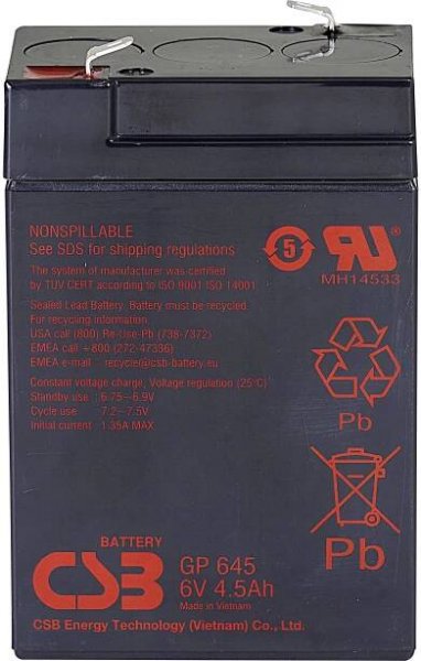 Záložní akumulátor CSB GP645 6V, 4,5Ah, 60A