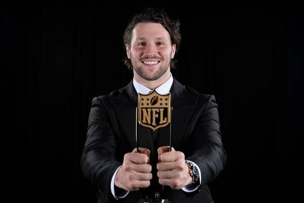 Buffalo Bills Josh Allen, AP NFL Most Valuable Player, poses after winning the award at the NFL Honors award show ahead of the Super Bowl 59 football game, Thursday, Feb. 6, 2025, in New Orleans.
