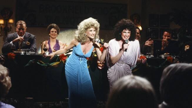 Jan Hooks and Nora Dunn performing as the Sweeney Sisters.