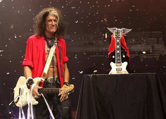 Joe Perry of Aerosmith poses onstage at UBS Arena on September 09, 2023 in Elmont, New York.