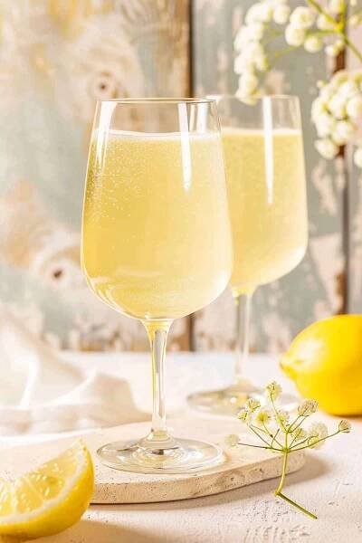 Golden light catches on the effervescent Summer Lemon Spritz in a sleek wine glass, contrasting beautifully with the subtle floral decor in the background, inviting a moment of relaxation. Great Easter cocktail.