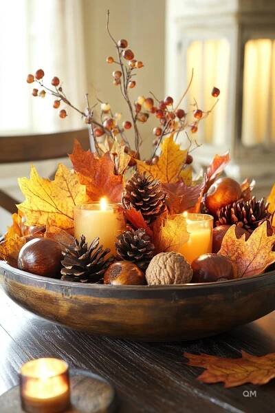 Cozy fall decor with candles, pinecones, and autumn leaves in a wooden bowl centerpiece. Perfect for high-end fall dining table decor ideas.