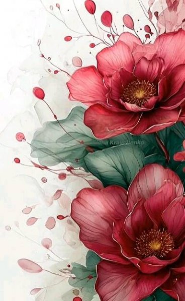two red flowers with green leaves on a white and pink background in watercolor style