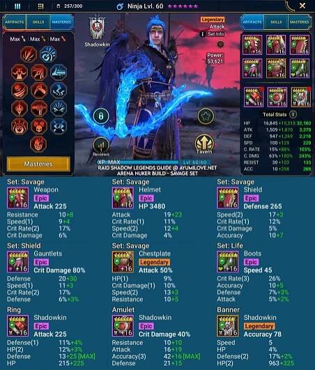 Raid Shadow Legends Ninja Artifact and Stats Reference Guide using Arena Nuker Build