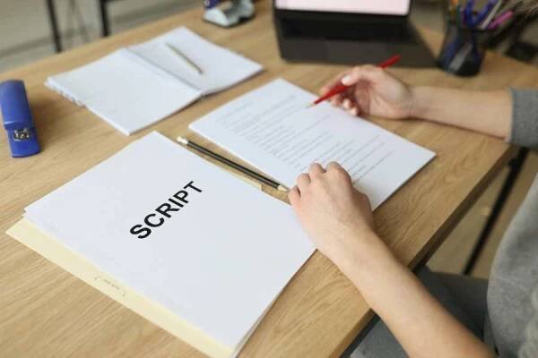 herečka kontroluje papíry scénářů a dělá si poznámky tužkou - scénář dokument - stock snímky, obrázky a fotky