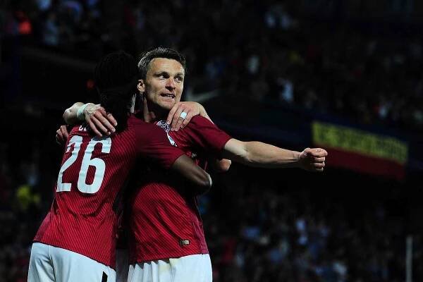 Fotbalové utkání HET ligy mezi celky AC Sparta Praha a FC Fastav Zlín 4. května v Praze. David Lafata se raduje z branky.