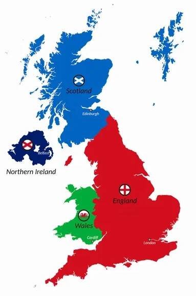 Mapa Spojeného království s teritorii a vlajkami Anglie, Skotska, Severního Irska a Walesu 3D ilustrace — Stock obrázek