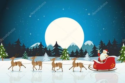 Stáhnout - Obrázek vtipné kreslené postavičky santa claus jízdy vánoční sáně s jeho soby na zimní sníh — Ilustrace