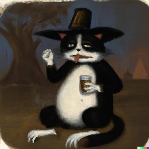 DALL·E 2022-08-12 17.59.48 - american primitivist painting of drunken cat 1840