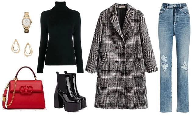 How to wear ankle boots with straight leg jeans long winter coat, patent leather ankle boots and destroyed denim