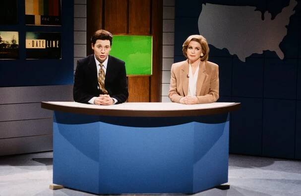 Mike Myers as Stone Phillips, Julia Sweeney as Jane Pauley during the 'Dateline NBC' skit on February 13, 1983