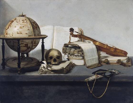 Soubor:Vanitas Still life with Books, a Globe, a Skull, a Violin and a Fan by Unknown Painter (formerly attributed to Jan Davidsz. de Heem) - c. 1650.jpg