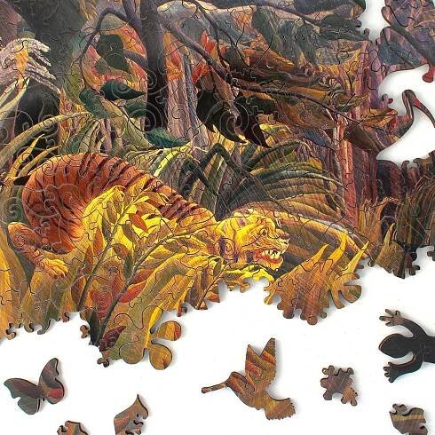 tiger in a tropical storm surprised wooden jigsaw puzzle showing a partly completed puzzle and some whimsy pieces