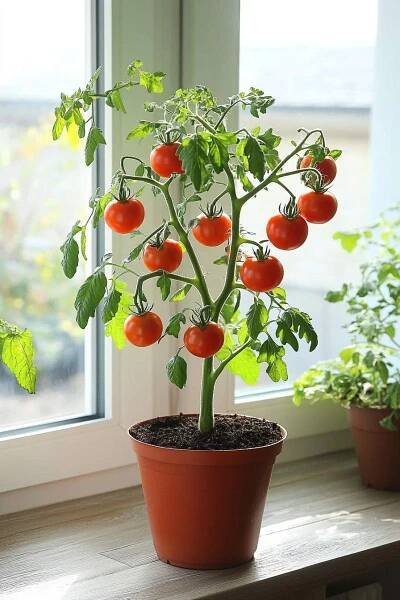 a tomato plant in a pot on a window sill